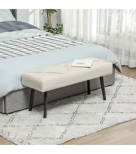 Taburete Pie de Cama Multifuncional con Pies de Acero y Asiento Acolchado para Entrada Pasillo 100x36x45 cm Blanco Crema