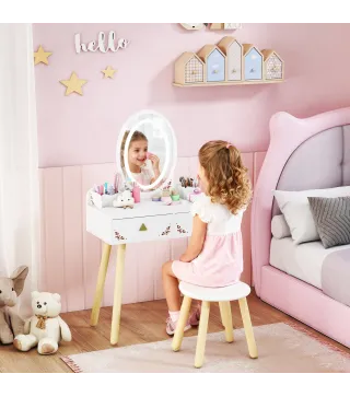 Tocador de Maquillaje Niña con Luces LED de 3 Colores Taburete Espejo 2 Cajones 2 Cajas de Almacenaje Blanco