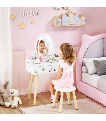 Tocador de Maquillaje Niña con Luces LED de 3 Colores Taburete Espejo 2 Cajones 2 Cajas de Almacenaje Blanco