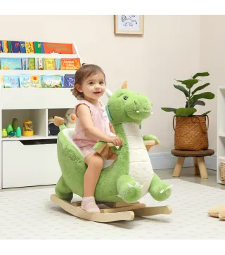 Caballito Balancín para Bebés de Peluche con Base de Madera con Sonido de Dragón para Niños 18-36 Meses Verde