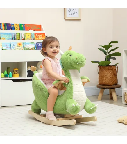 Caballito Balancín para Bebés de Peluche con Base de Madera con Sonido de Dragón para Niños 18-36 Meses Verde