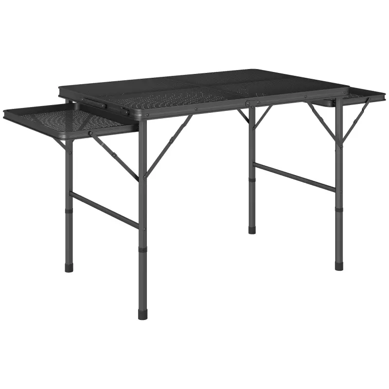 Mesa de Camping Plegable con Laterales Abatibles Altura Ajustable y Encimera Metálica de Rejilla 137x62x67 cm Negro