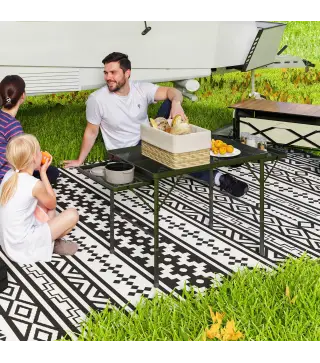 Mesa de Camping Plegable con Laterales Abatibles Altura Ajustable y Encimera Metálica de Rejilla 137x62x67 cm Negro