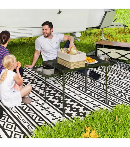 Mesa de Camping Plegable con Laterales Abatibles Altura Ajustable y Encimera Metálica de Rejilla 137x62x67 cm Negro