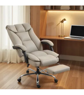 Silla de Escritorio con Reposapiés Respaldo Reclinable Acolchado Grueso Tapizada en Cuero Sintético Caqui