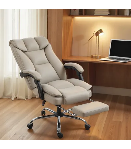 Silla de Escritorio con Reposapiés Respaldo Reclinable Acolchado Grueso Tapizada en Cuero Sintético Caqui