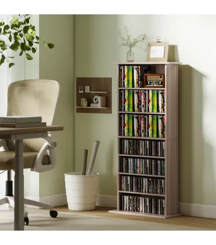 Estantería para CDs y DVDs Estrecha con 8 Compartimentos Estantes Ajustables 58x24x126,3 cm Madera Natural