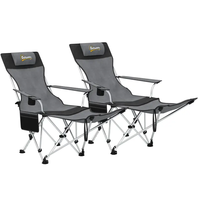 Conjunto de 2 Sillas Plegables Camping con Reposapiés Desmontable Reposacabezas Portavasos y Bolsa 125x48x90 cm Gris
