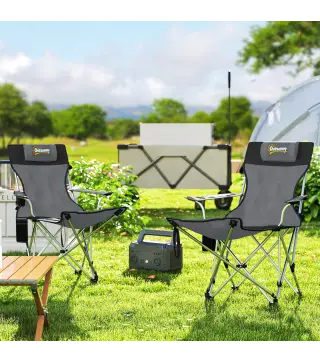 Conjunto de 2 Sillas Plegables Camping con Reposapiés Desmontable Reposacabezas Portavasos y Bolsa 125x48x90 cm Gris