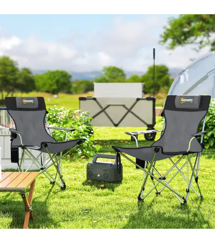 Conjunto de 2 Sillas Plegables Camping con Reposapiés Desmontable Reposacabezas Portavasos y Bolsa 125x48x90 cm Gris