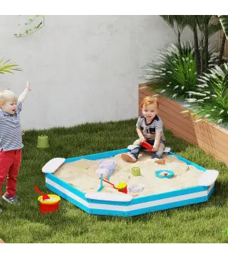 Arenero Infantil de Madera con 4 Asientos Diseño de Rayas y Base Protectora para Jardín 133x133x16 cm Azul y Blanco