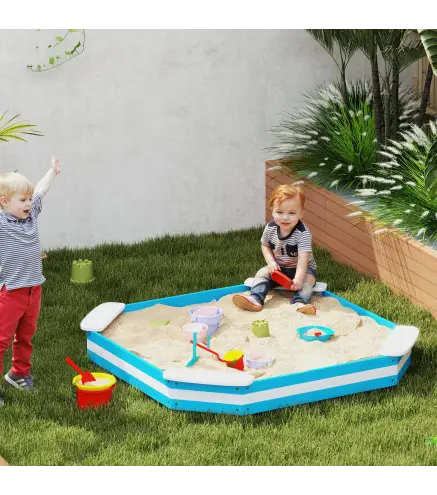 Arenero Infantil de Madera con 4 Asientos Diseño de Rayas y Base Protectora para Jardín 133x133x16 cm Azul y Blanco