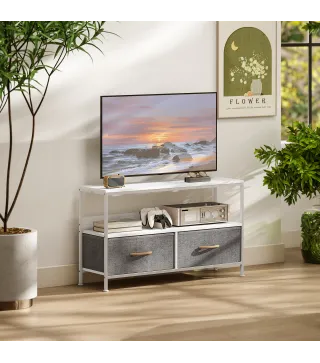 Mueble de TV con Estante y 2 Cajones de Tela Plegables para Televisores hasta 47 Pulgadas Largo de 98 cm Blanco y Gris