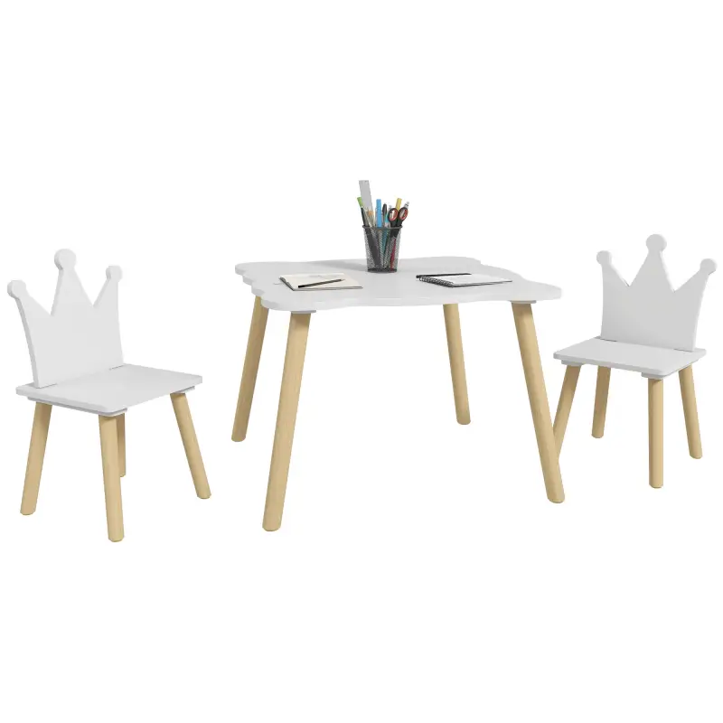Conjunto Infantil de Mesa y 2 Sillas con Respaldo en Forma de Corona para Lectura y Dibujo 60x60x44 cm Blanco y Madera Conjunto Infantil de Mesa y 2 Sillas con Respaldo en Forma de Corona para Lectura y Dibujo 60x60x44 cm Blanco y Madera