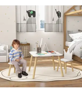 Conjunto Infantil de Mesa y 2 Sillas con Respaldo en Forma de Corona para Lectura y Dibujo 60x60x44 cm Blanco y Madera