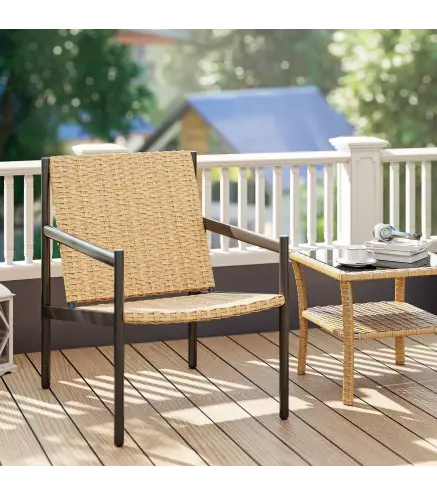 Silla de Ratán de Jardín para Exterior con Reposabrazos Estructura de Acero y Respaldo Inclinado 74x61x81 cm Natural