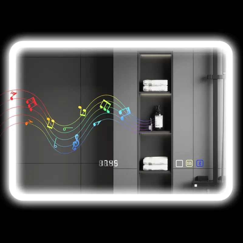 Espejo de Baño con Luz LED 70x50 cm con Bluetooth 3 Colores de Luz Reloj Digital Función Antivaho Función de Memoria