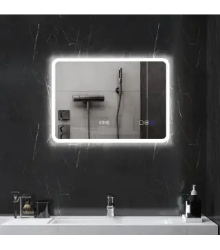 Espejo de Baño con Luz LED 70x50 cm con Bluetooth 3 Colores de Luz Reloj Digital Función Antivaho Función de Memoria