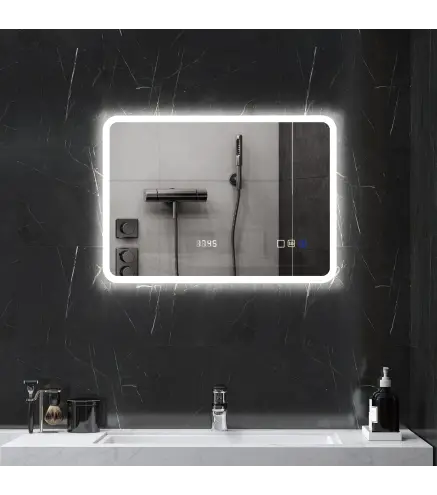 Espejo de Baño con Luz LED 70x50 cm con Bluetooth 3 Colores de Luz Reloj Digital Función Antivaho Función de Memoria