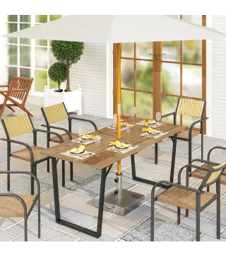 Mesa de Jardín Exterior de Madera 175x80x75 cm con Orificio para Sombrilla y Encimera de Listones Natural