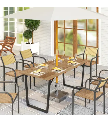 Mesa de Jardín Exterior de Madera 175x80x75 cm con Orificio para Sombrilla y Encimera de Listones Natural