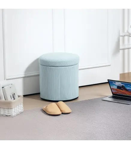 Puff con Almacenaje Redondo Tapizado en Pana con Estructura de Acero Estable y Acolchado Suave Ø40x41 cm Azul Claro