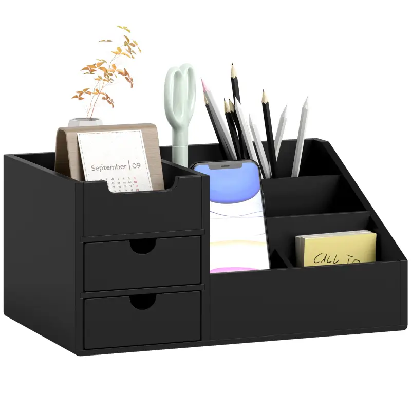 Organizador de Escritorio de Bambú con 2 Cajones 6 Compartimentos y Estante para Oficina Hogar 33x20,5x15,5 cm Negro