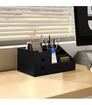 Organizador de Escritorio de Bambú con 2 Cajones 6 Compartimentos y Estante para Oficina Hogar 33x20,5x15,5 cm Negro