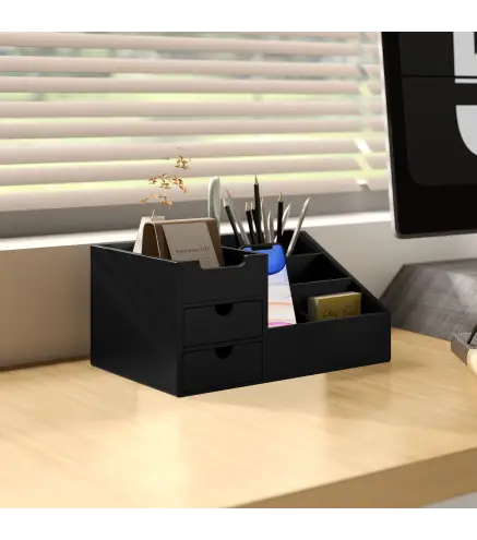 Organizador de Escritorio de Bambú con 2 Cajones 6 Compartimentos y Estante para Oficina Hogar 33x20,5x15,5 cm Negro