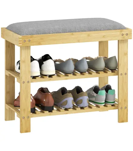Banco Zapatero de Bambú con Cojín Zapatero de 2 Niveles para Entrada Pasillo o Dormitorio 60x29x49 cm Gris