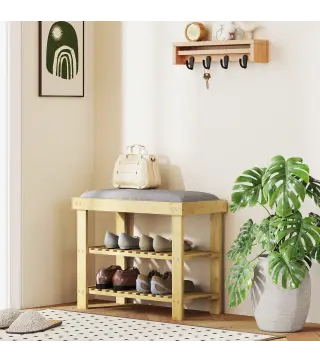 Banco Zapatero de Bambú con Cojín Zapatero de 2 Niveles para Entrada Pasillo o Dormitorio 60x29x49 cm Gris