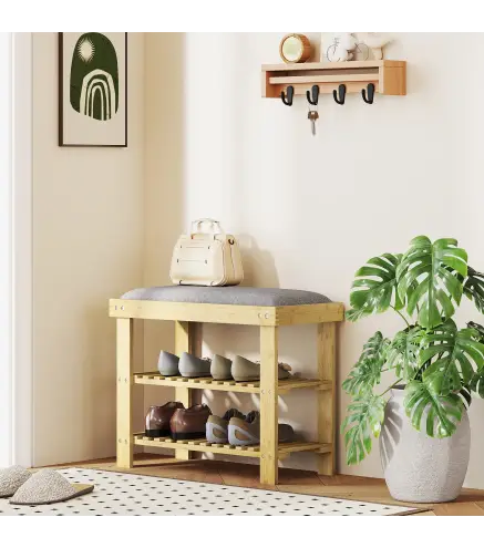 Banco Zapatero de Bambú con Cojín Zapatero de 2 Niveles para Entrada Pasillo o Dormitorio 60x29x49 cm Gris