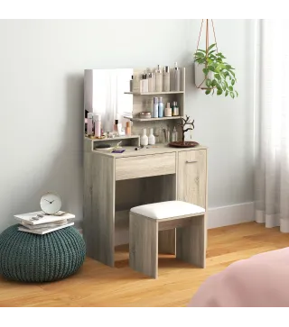 Tocador de Maquillaje con Taburete Espejo Estantes Abiertos Cajón y Estante Ajustable Anti-vuelco Natural y Beige