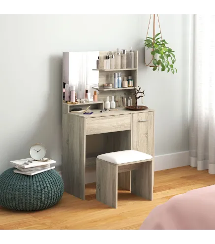 Tocador de Maquillaje con Taburete Espejo Estantes Abiertos Cajón y Estante Ajustable Anti-vuelco Natural y Beige