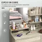Tocador de Maquillaje con Taburete Espejo Estantes Abiertos Cajón y Estante Ajustable Anti-vuelco Natural y Beige