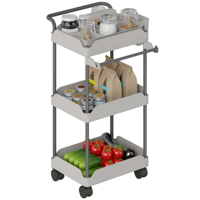 Carrito Auxiliar con Ruedas de 3 Niveles Carrito de Cocina con Cestas Extraíbles y Soporte para Toallas Gris Carrito Auxiliar con Ruedas de 3 Niveles Carrito de Cocina con Cestas Extraíbles y Soporte para Toallas Gris