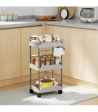 Carrito Auxiliar con Ruedas de 3 Niveles Carrito de Cocina con Cestas Extraíbles y Soporte para Toallas Gris