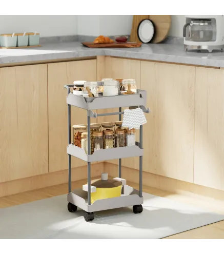 Carrito Auxiliar con Ruedas de 3 Niveles Carrito de Cocina con Cestas Extraíbles y Soporte para Toallas Gris