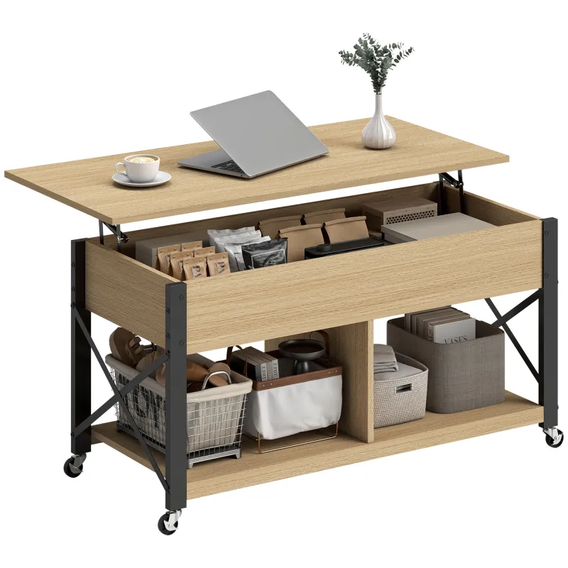Mesa de Centro Elevable con Ruedas Mesa de Salón con Compartimento Oculto Estantes Abiertos Madera Natural y Blanco