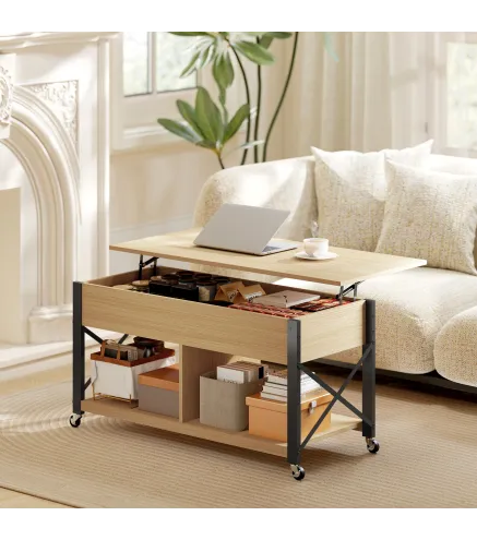 Mesa de Centro Elevable con Ruedas Mesa de Salón con Compartimento Oculto Estantes Abiertos Madera Natural y Blanco