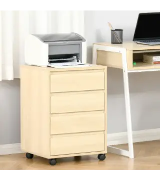 Cajonera de Oficina con 4 Cajones Cajonera de Escritorio con Ruedas para Estudio 46x40x65 cm Natural