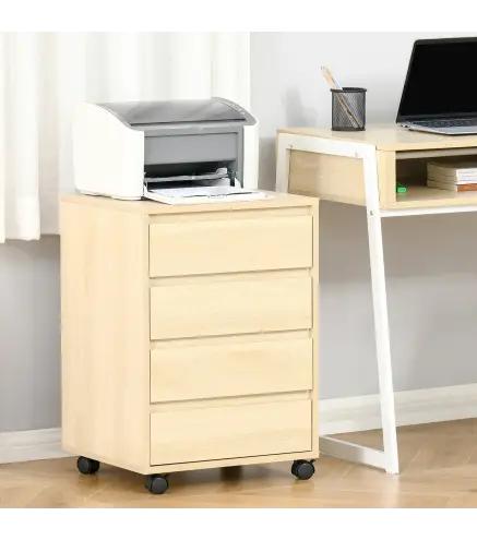 Cajonera de Oficina con 4 Cajones Cajonera de Escritorio con Ruedas para Estudio 46x40x65 cm Natural