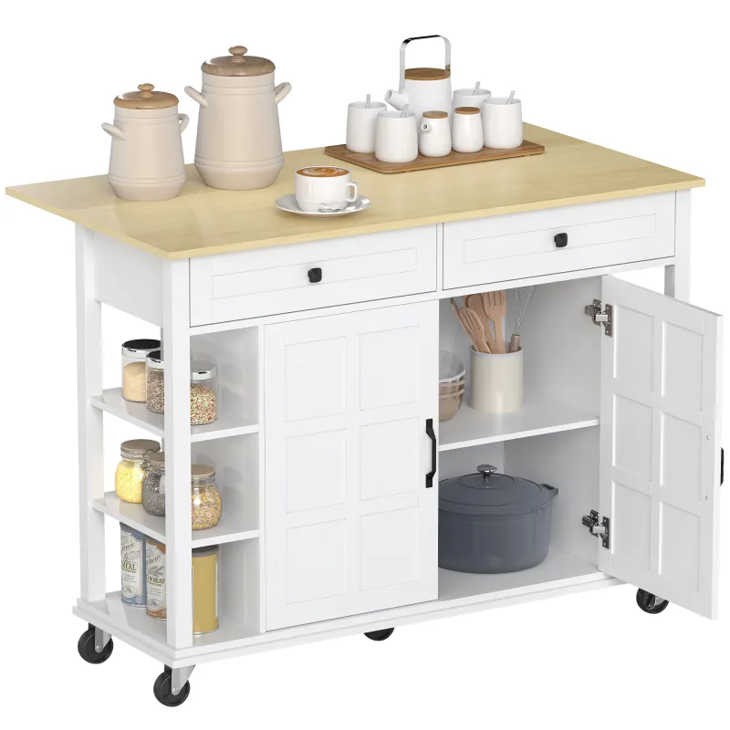 Isla de Cocina con Ruedas Encimera Plegable 2 Puertas con Cierre Suave 2 Cajones 6 Estantes Abiertos Blanco Isla de Cocina con Ruedas Encimera Plegable 2 Puertas con Cierre Suave 2 Cajones 6 Estantes Abiertos Blanco