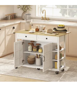 Isla de Cocina con Ruedas Encimera Plegable 2 Puertas con Cierre Suave 2 Cajones 6 Estantes Abiertos Blanco