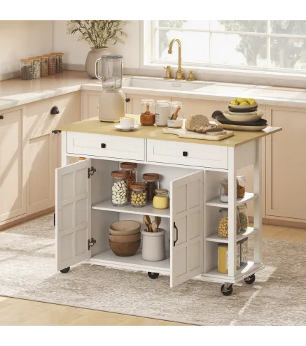 Isla de Cocina con Ruedas Encimera Plegable 2 Puertas con Cierre Suave 2 Cajones 6 Estantes Abiertos Blanco