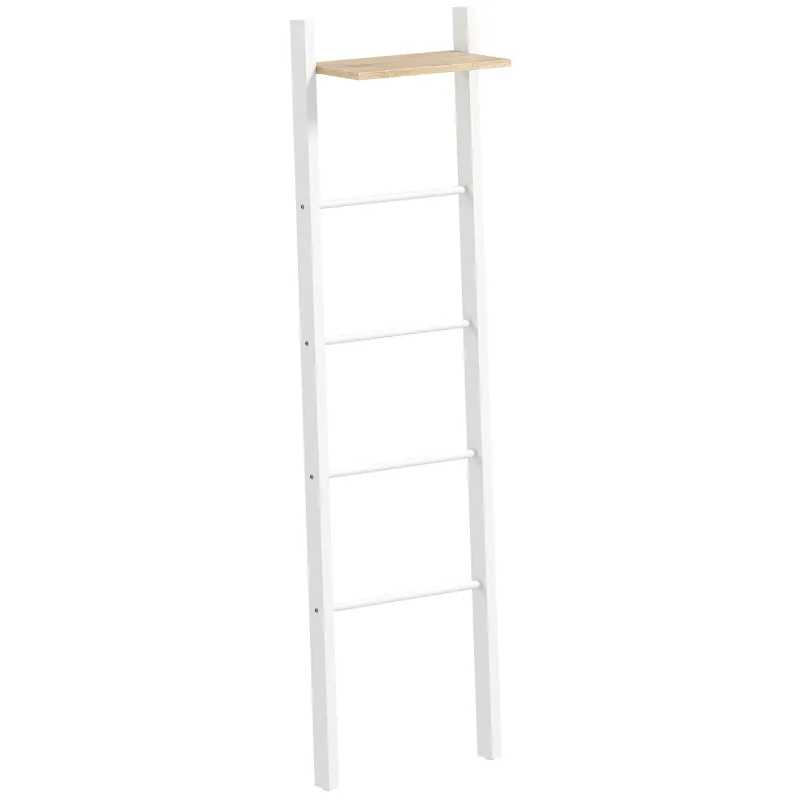 Toallero Escalera con Estante Superior y 4 Barras Toallero de Baño para Apoyar en Pared 43x20x151 cm Blanco y Roble