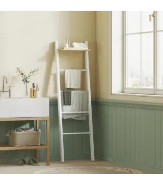Toallero Escalera con Estante Superior y 4 Barras Toallero de Baño para Apoyar en Pared 43x20x151 cm Blanco y Roble