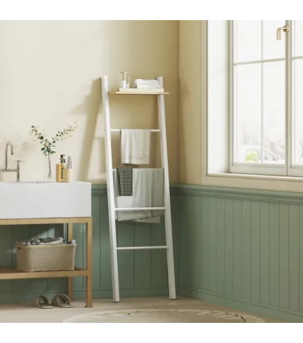 Toallero Escalera con Estante Superior y 4 Barras Toallero de Baño para Apoyar en Pared 43x20x151 cm Blanco y Roble