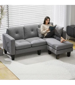 Sofá Chaise Longue Reversible con Estructura de Acero Tapizado en Chenilla 186x130x84cm Gris Oscuro