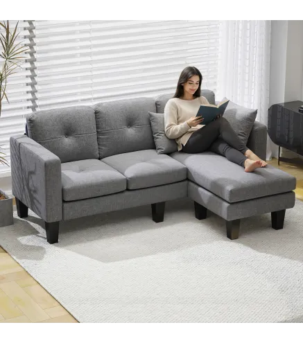 Sofá Chaise Longue Reversible con Estructura de Acero Tapizado en Chenilla 186x130x84cm Gris Oscuro